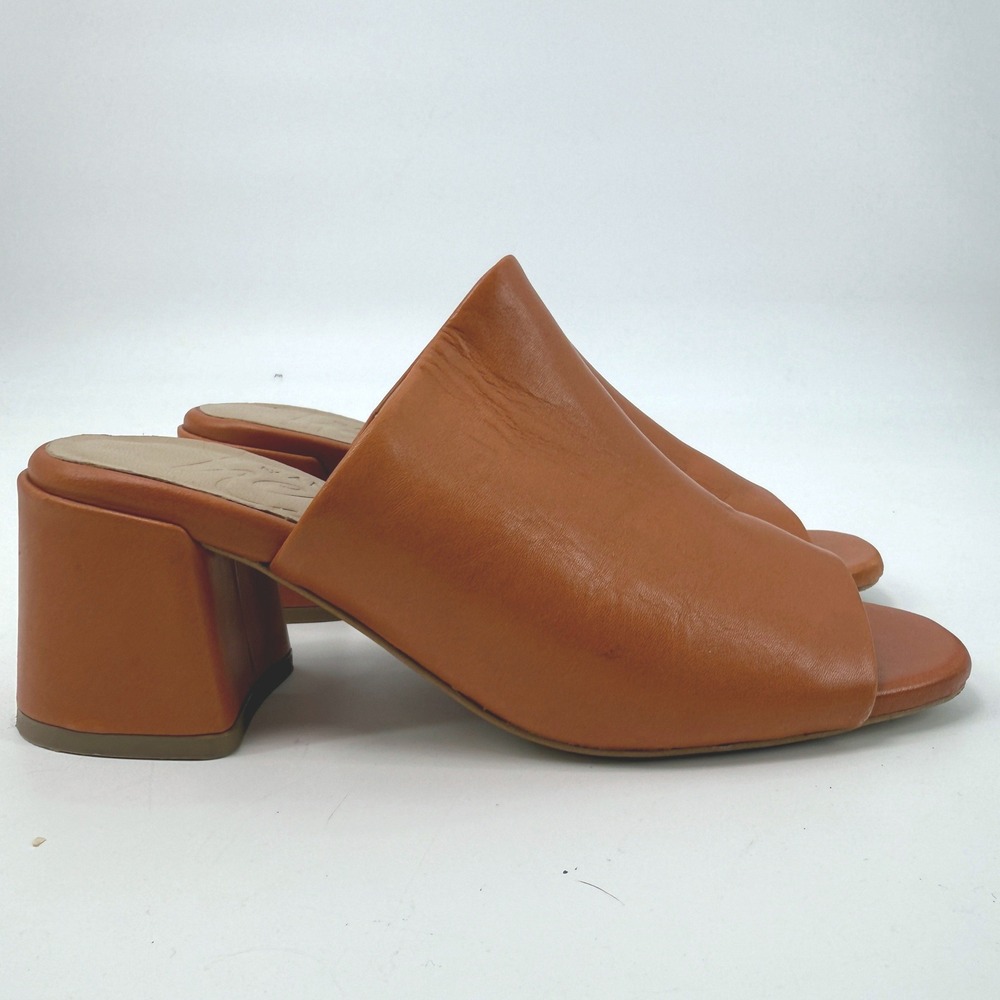 Anthony Veer Losota Mule Heels Women 6.5 Cognac Leather Block Heel Chic Retro